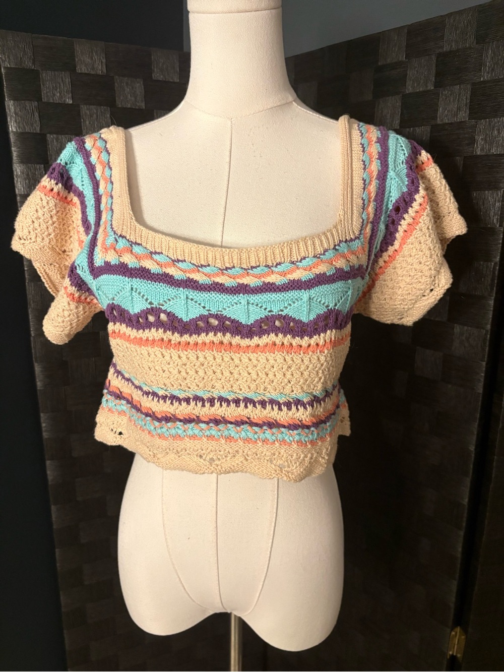Vici Boho Peach Multicolor Crochet Square-Neck Crop Top